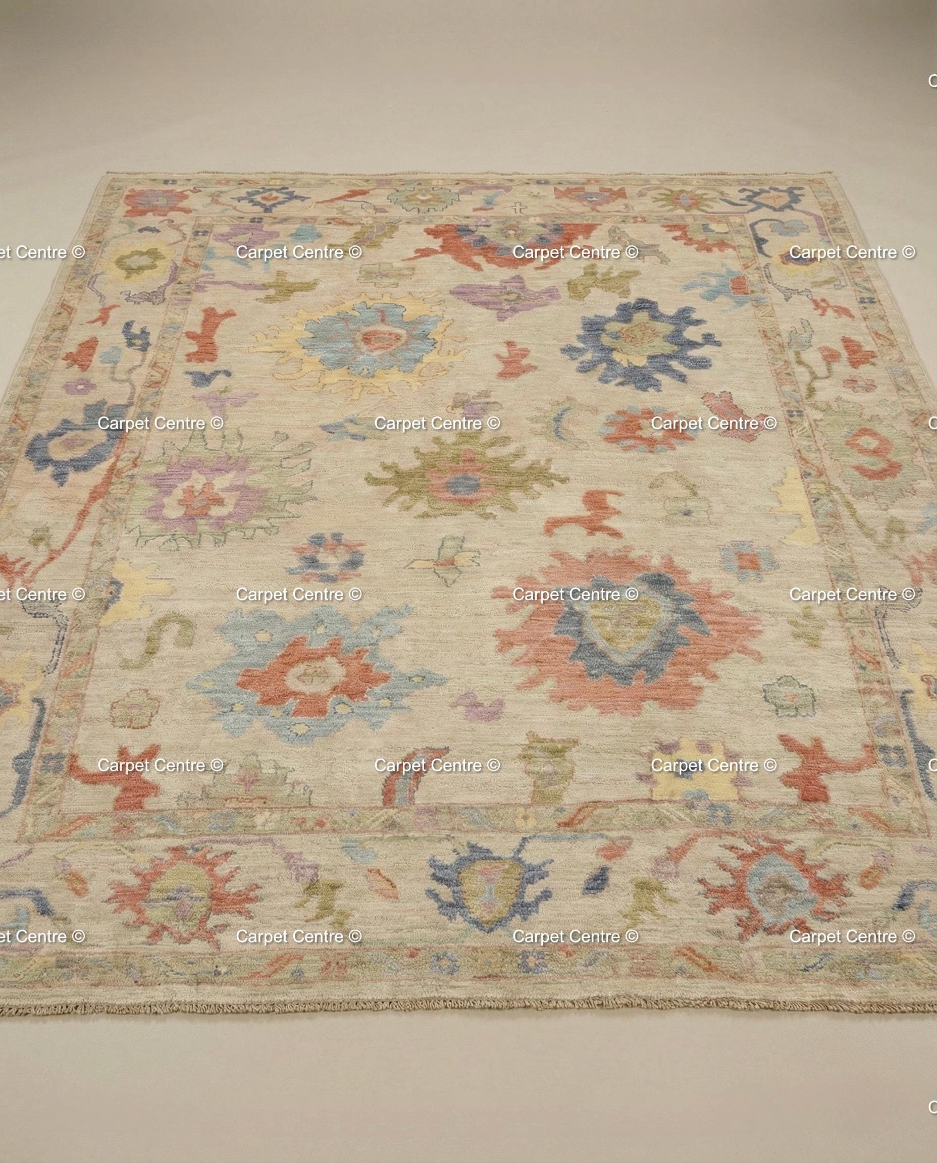 Hand Knotted Wool Oushak Rug – Beige & Pastel Floral, Turkish Knot