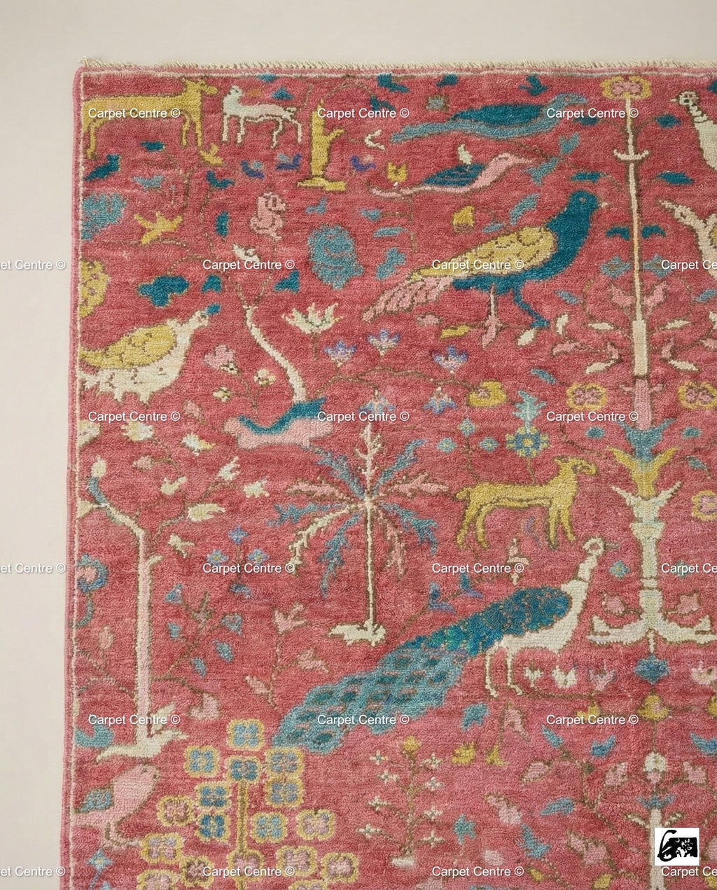 Pink Oushak Rug, Hand Knotted Wool Tree of Life Animal Rug