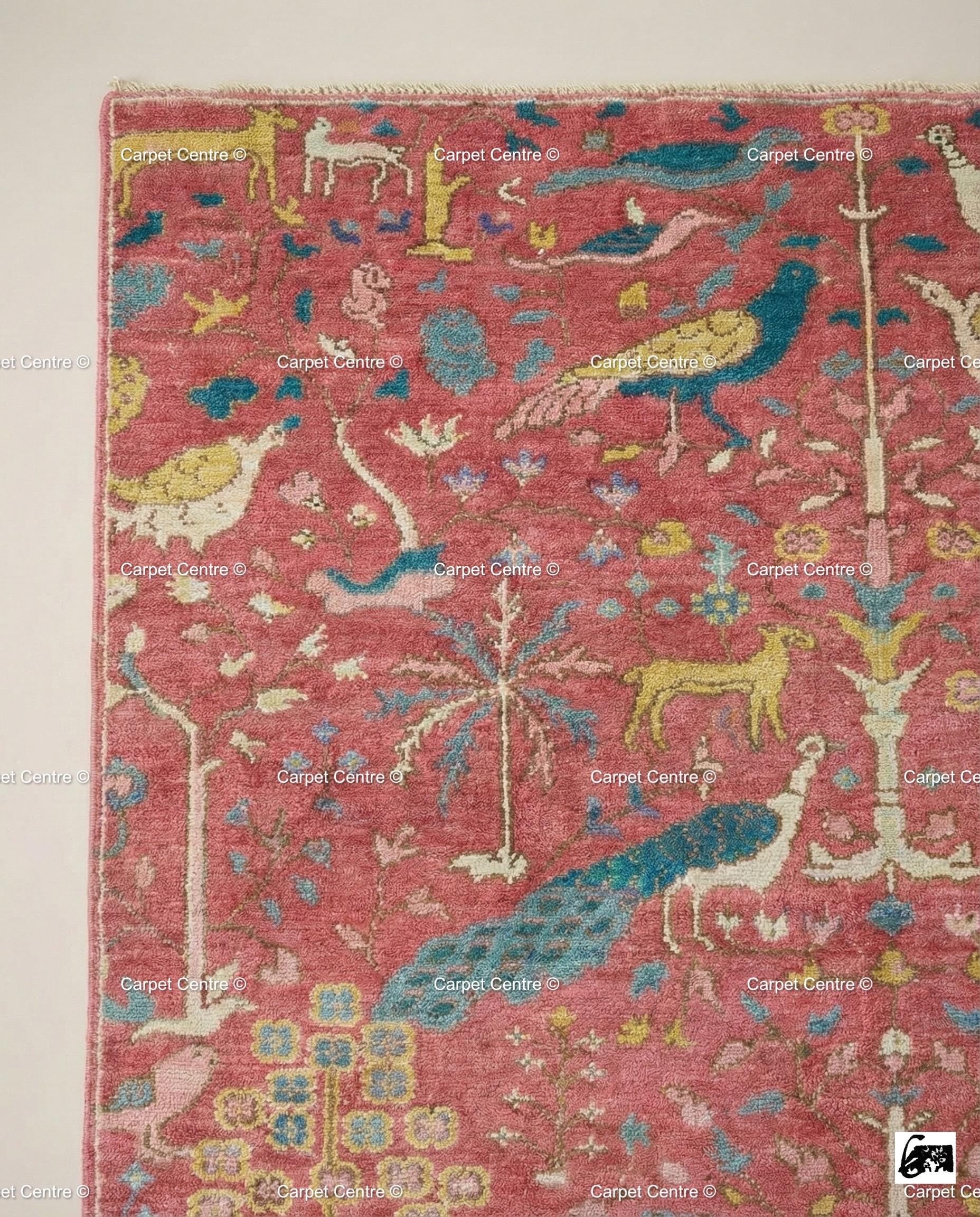 Pink Oushak Rug, Hand Knotted Wool Tree of Life Animal Rug