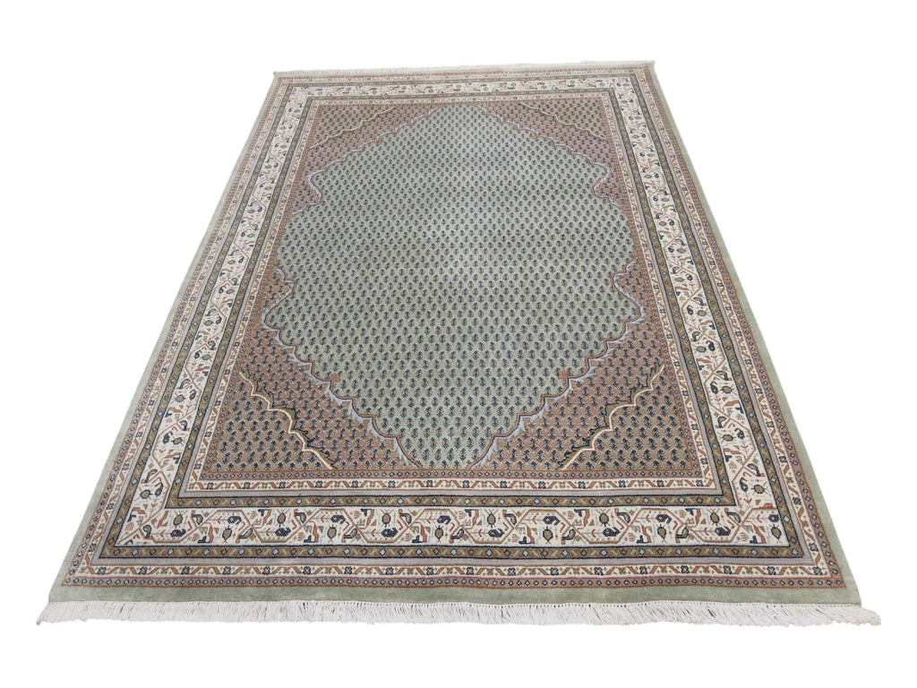 Hand-Knotted Wool Rug 7'9"x5'8", Sage Green Persian Boteh Style Carpet