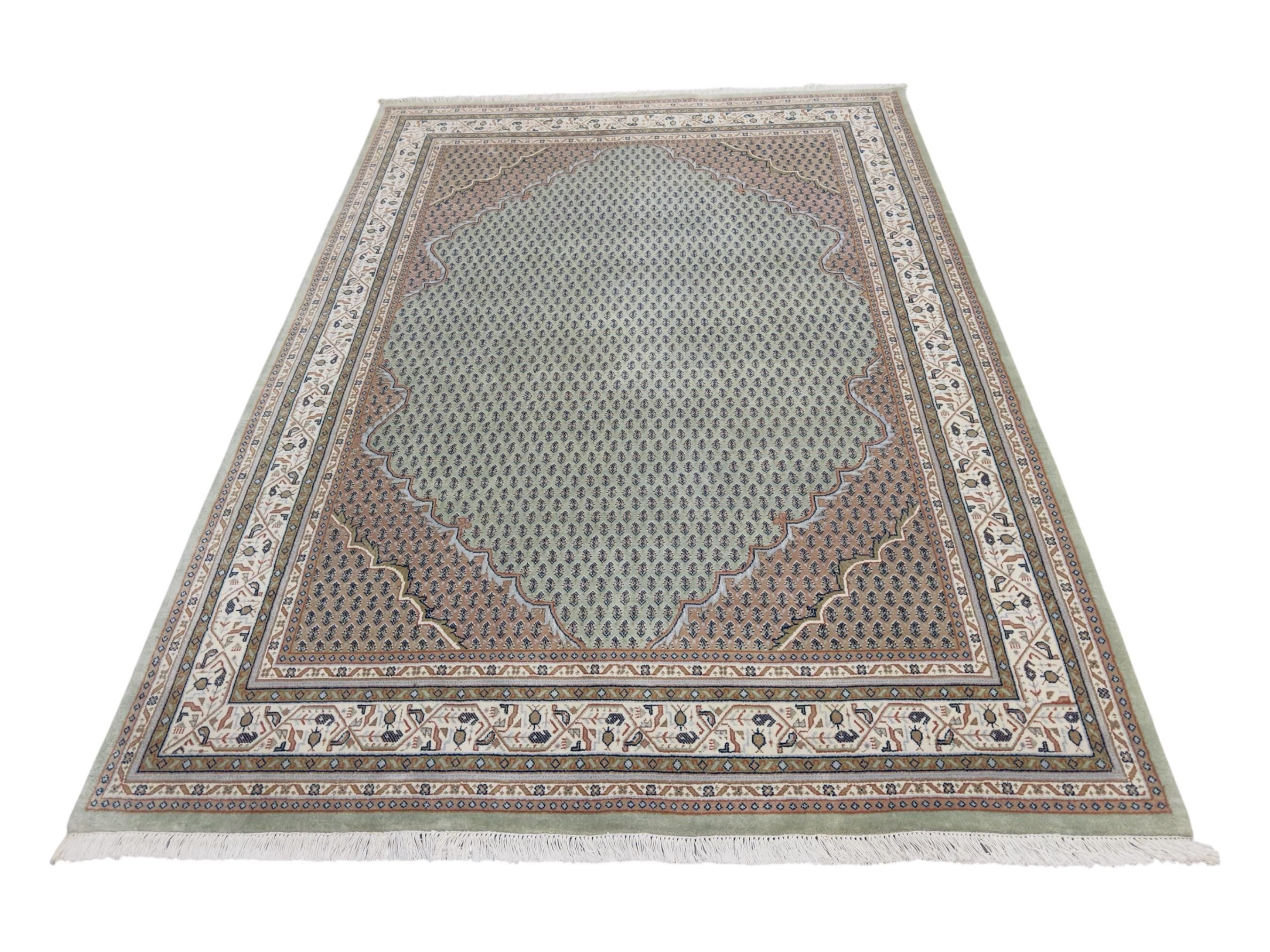 Hand-Knotted Wool Rug 7'9"x5'8", Sage Green Persian Boteh Style Carpet