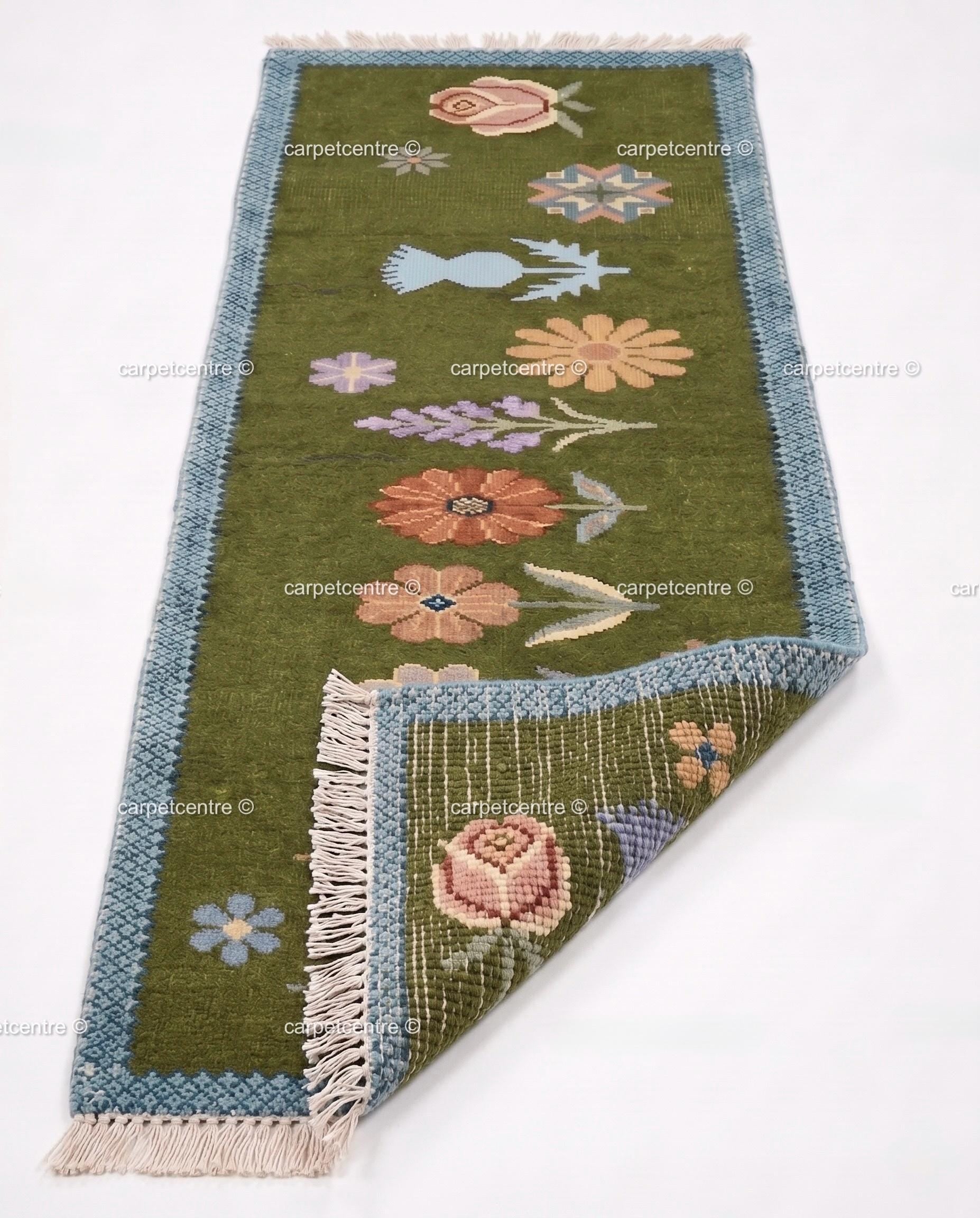 Handmade Wool Runner Rug – Olive Green Wildflower Botanical Carpet (Custom Sizes)