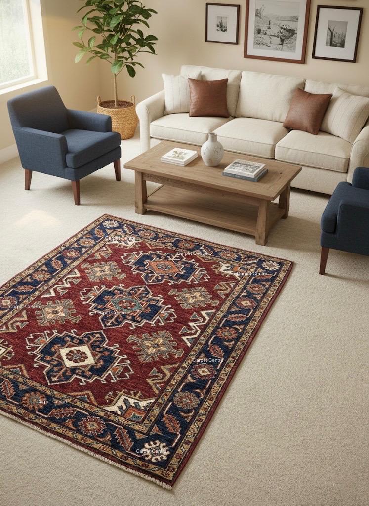 Hand-Knotted Red Oushak Wool Rug, Heriz Medallion, Navy Border