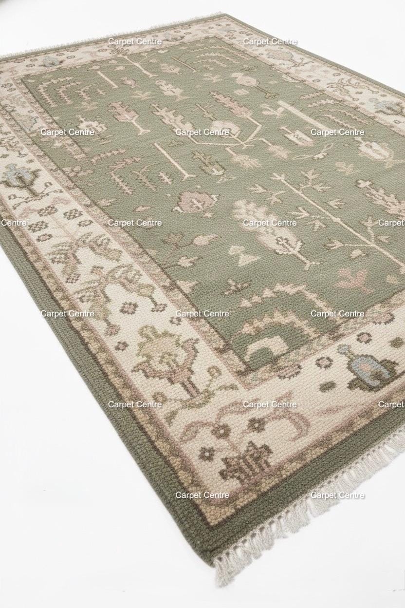 Hand-Knotted Sage Green Wool Rug: Tribal Tree of Life, Farmhouse Style