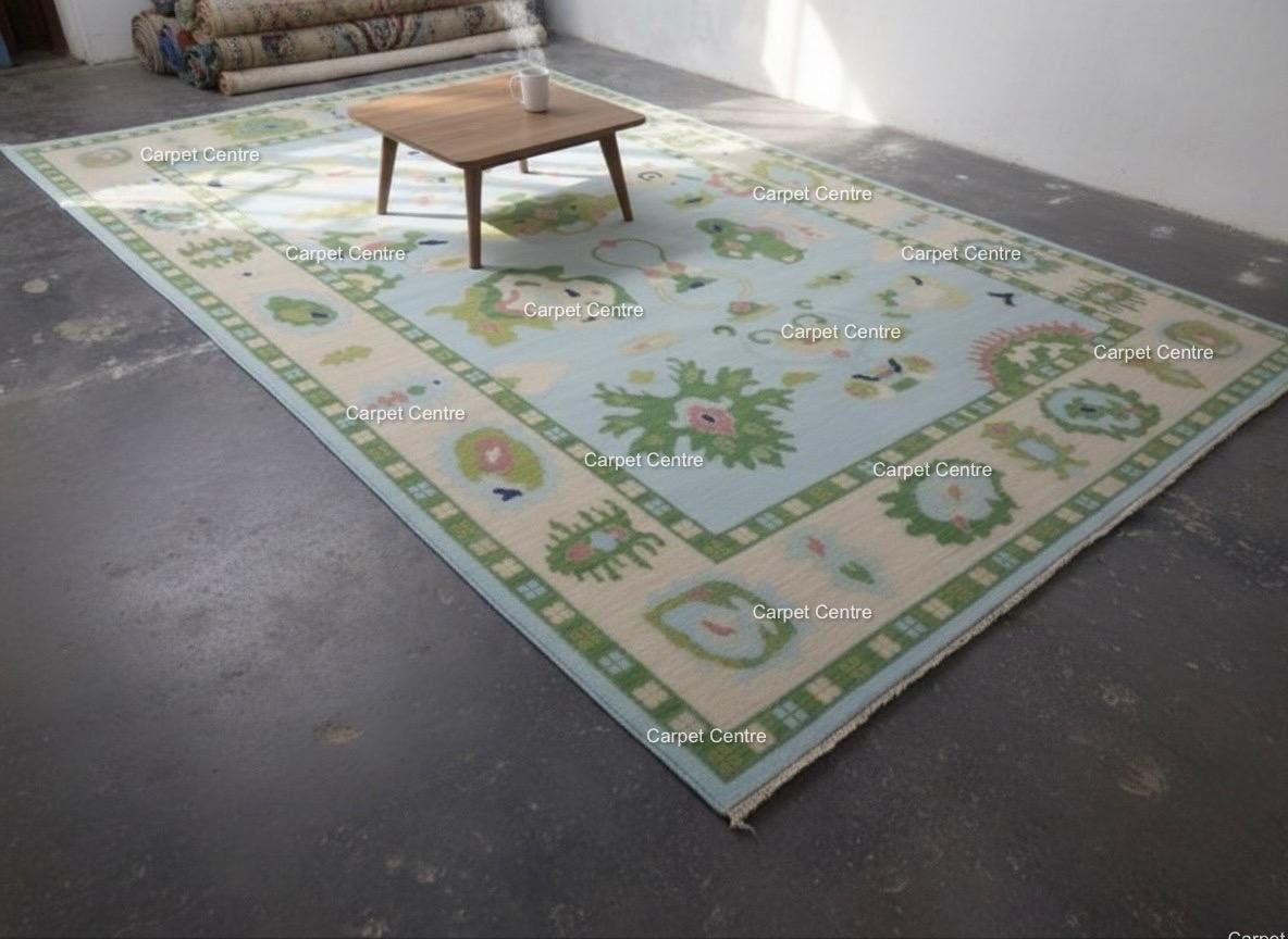 Handmade Oushak Wool Rug: Aqua Blue & Sage Green, Abstract Design