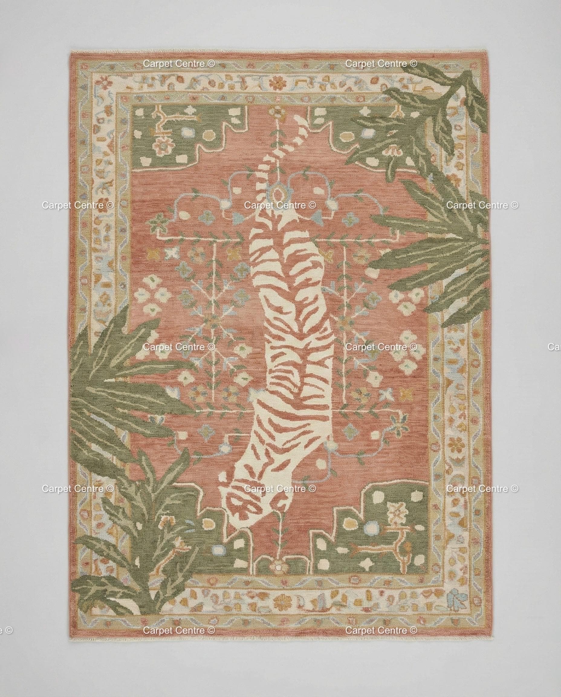 Hand-Knotted Wool Tiger Rug, Terracotta Peach, Tropical Nursery Decor