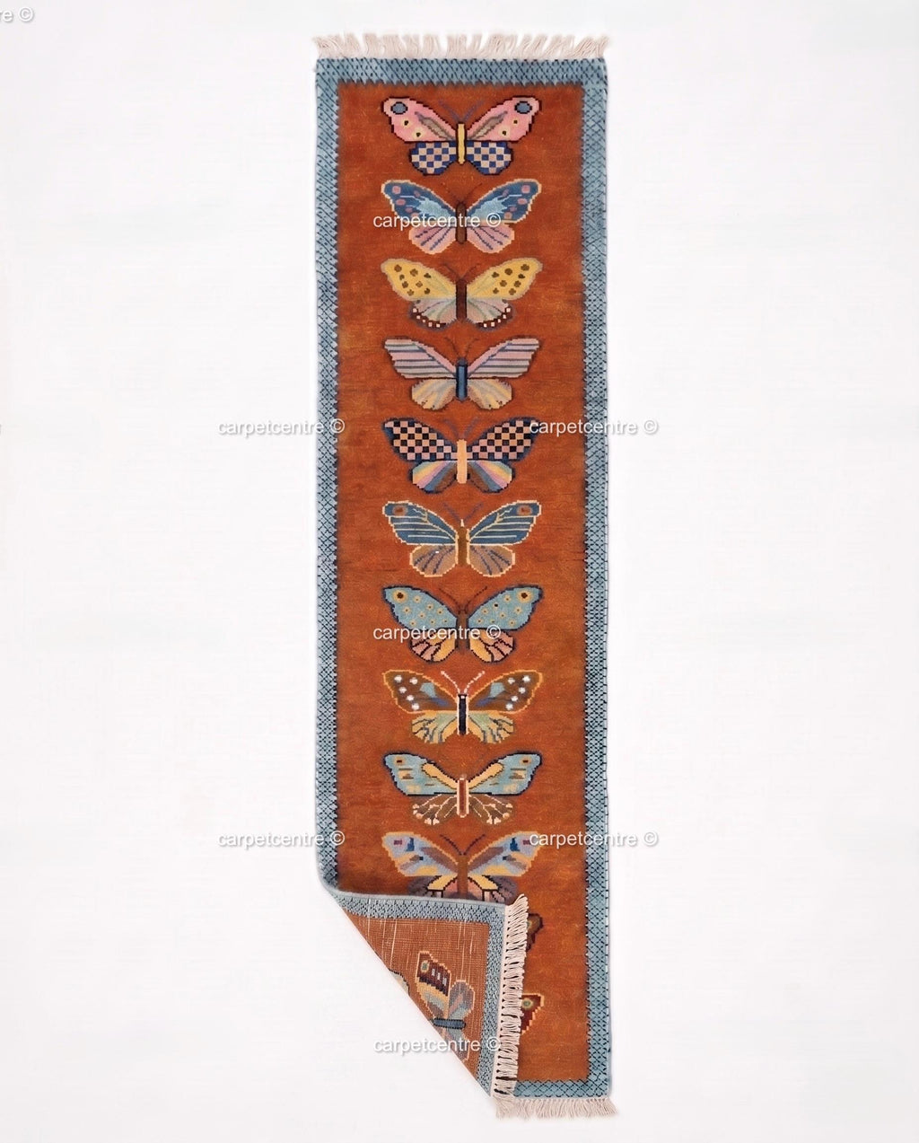Handmade Wool Butterfly Runner Rug – Rust Orange Insect Motif Carpet