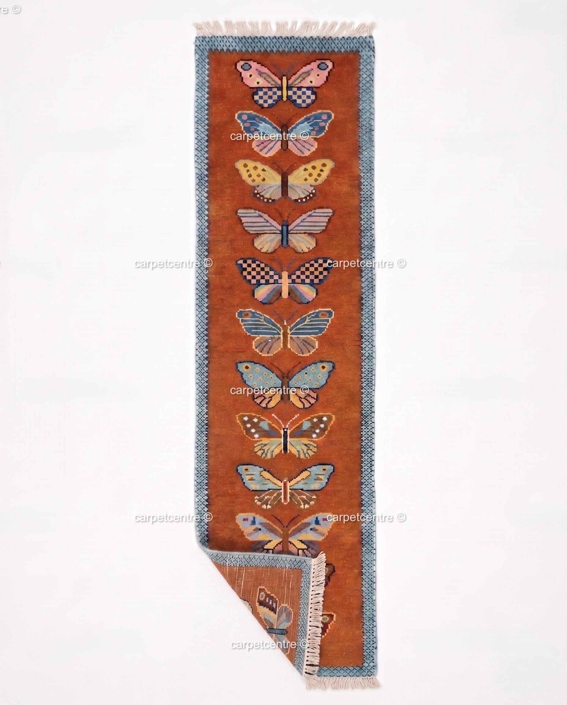 Handmade Wool Butterfly Runner Rug – Rust Orange Insect Motif Carpet