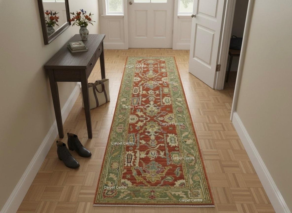 Hand-Knotted Terracotta Runner Rug, Wool Oushak Style, Sage Green