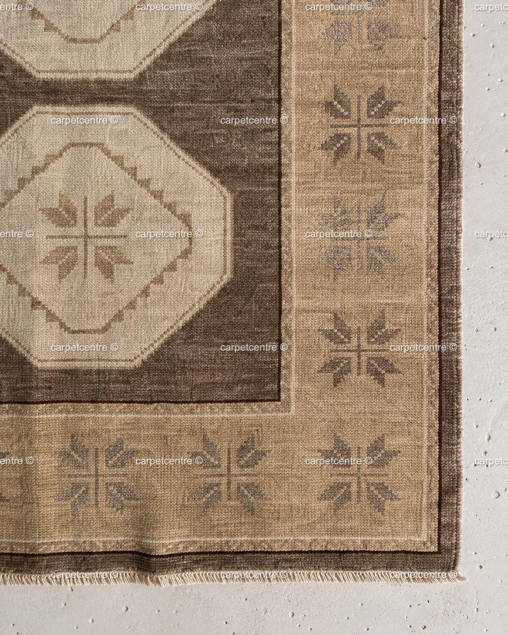 Hand Knotted Oushak Rug | Brown Geometric Wool Carpet | Turkish Tribal Area Rug
