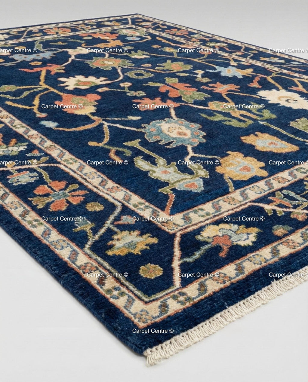 Navy Blue Wool Oushak Rug, Hand-Knotted Turkish Knot, William Morris Style