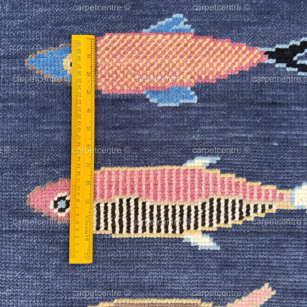 Hand Knotted Oushak Runner Rug, New Zealand Wool, Fish Motif Hallway Runner