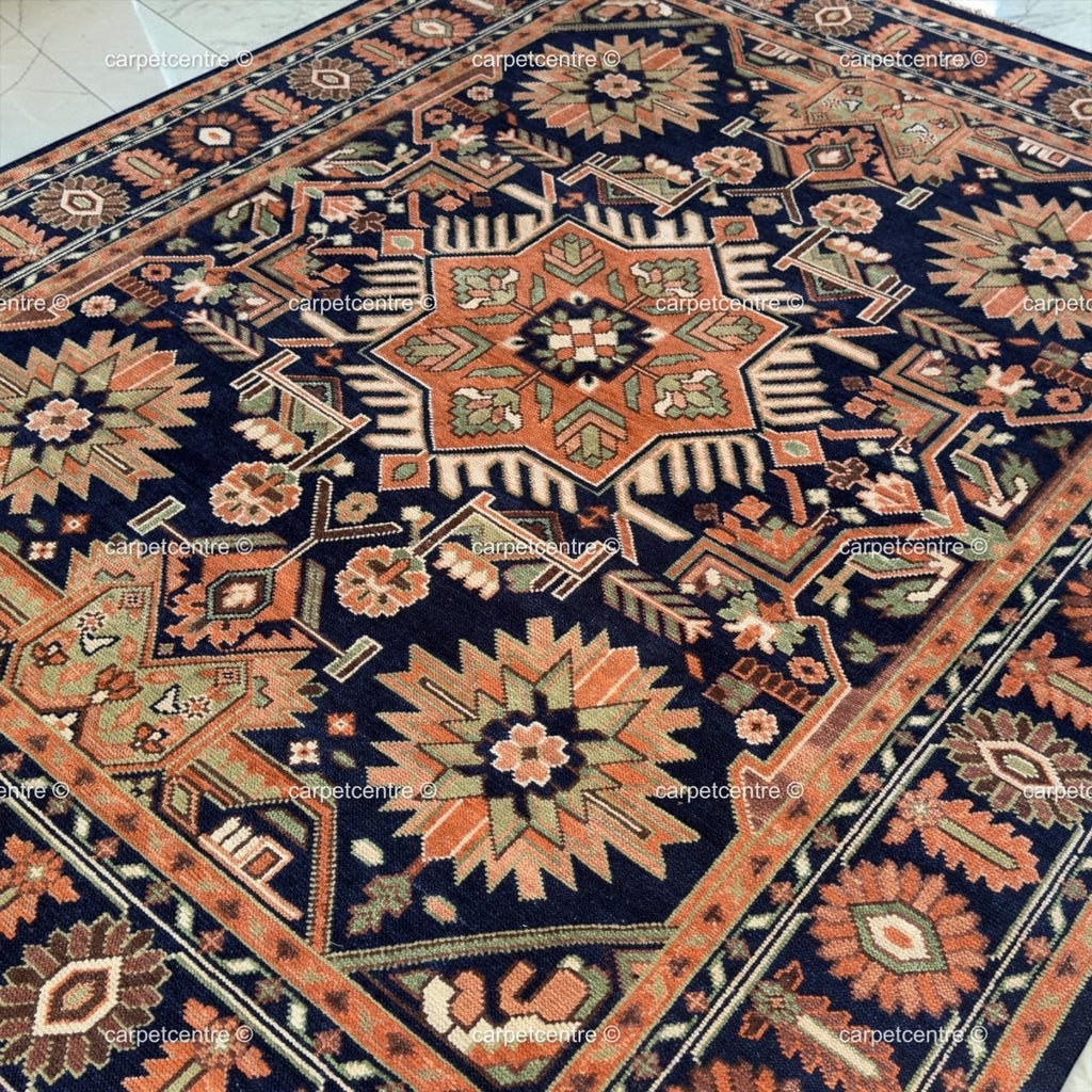 Hand-Knotted Oushak Wool Rug: Navy Blue Rust Tribal Rug, Traditional Decor