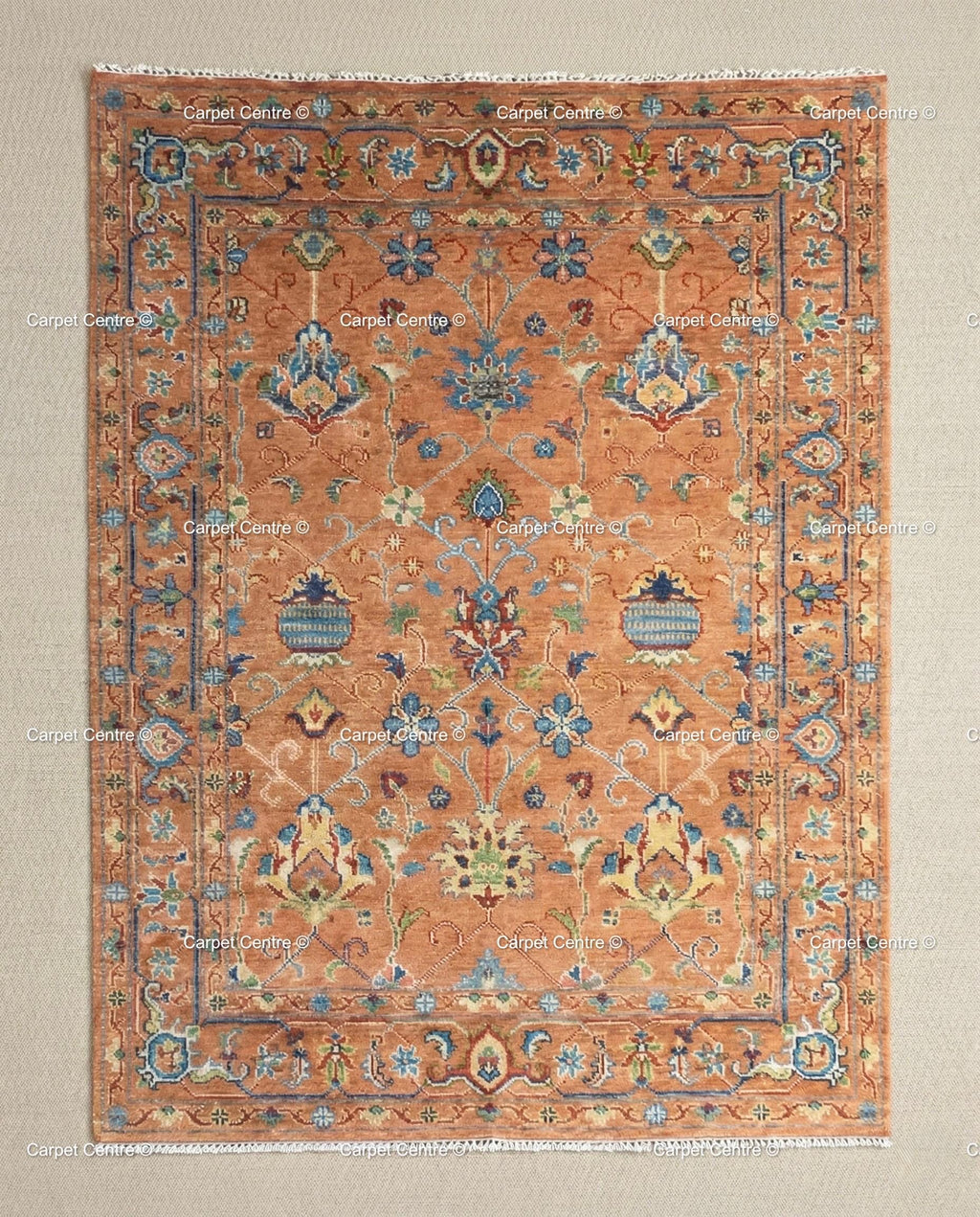 Hand Knotted Oushak Wool Rug, Rust Orange, Blue Floral Mahal