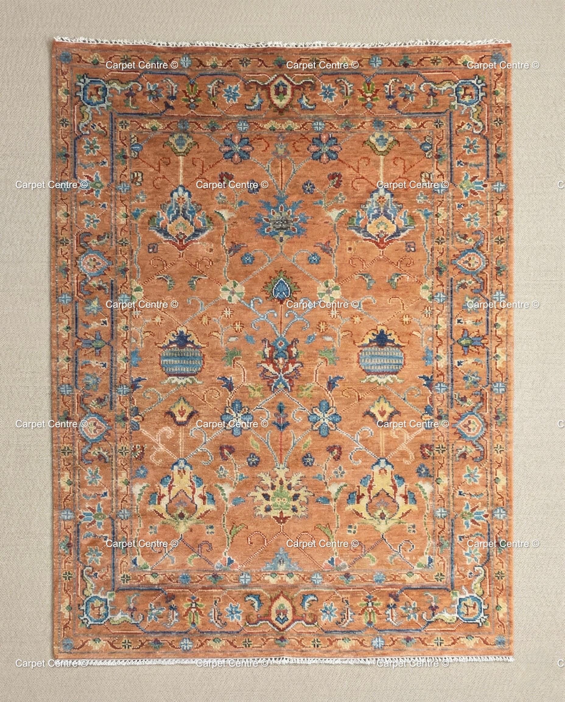 Hand Knotted Oushak Wool Rug, Rust Orange, Blue Floral Mahal