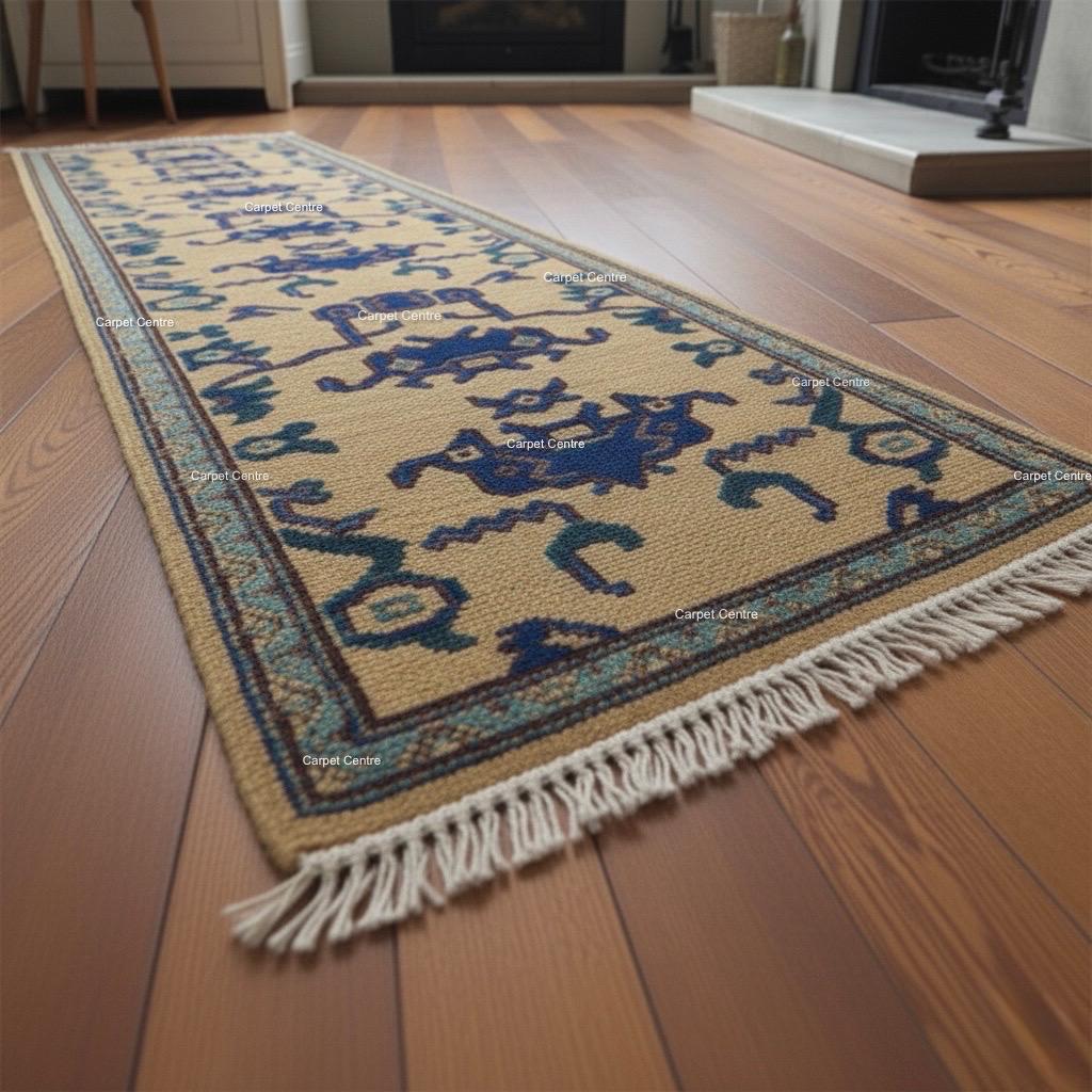 Hand-Knotted Wool Runner Rug, Golden Yellow Oushak, Navy Tribal Design