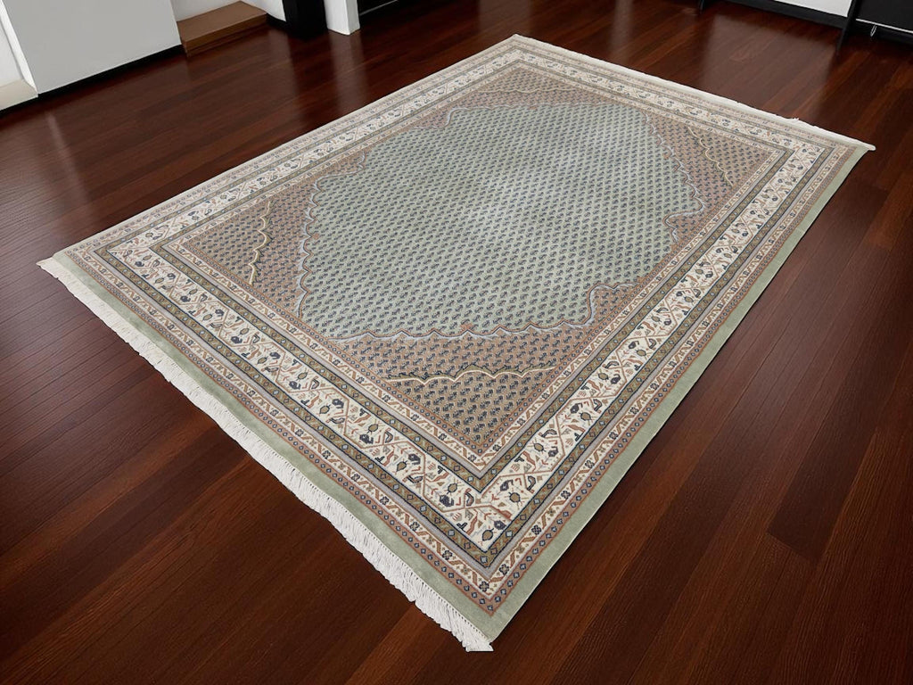 Hand-Knotted Wool Rug 7'9"x5'8", Sage Green Persian Boteh Style Carpet
