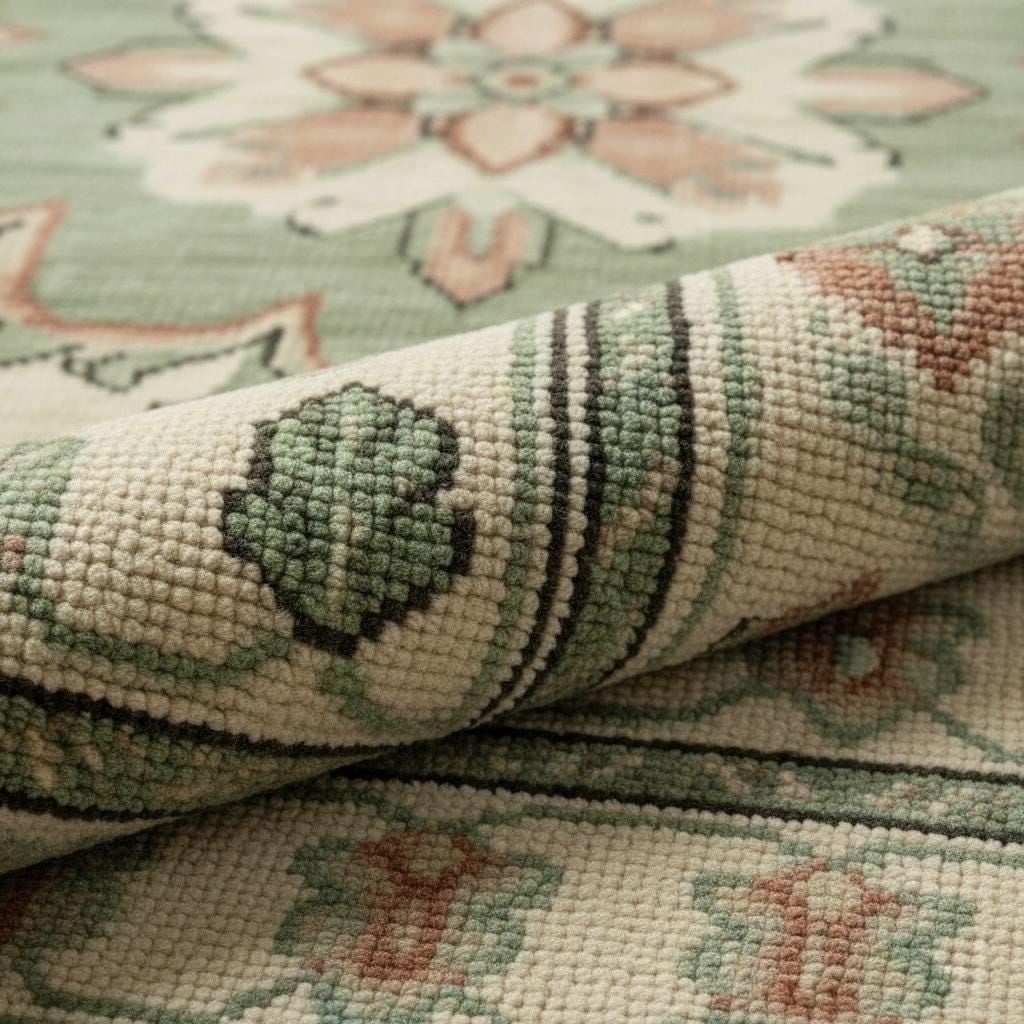 Hand-Knotted Oushak Wool Rug | Ivory, Sage Green Floral Medallion