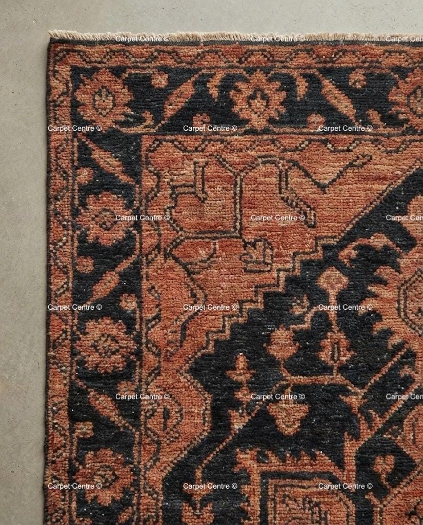 Handmade Oushak Wool Rug, Black and Rust Geometric Medallion