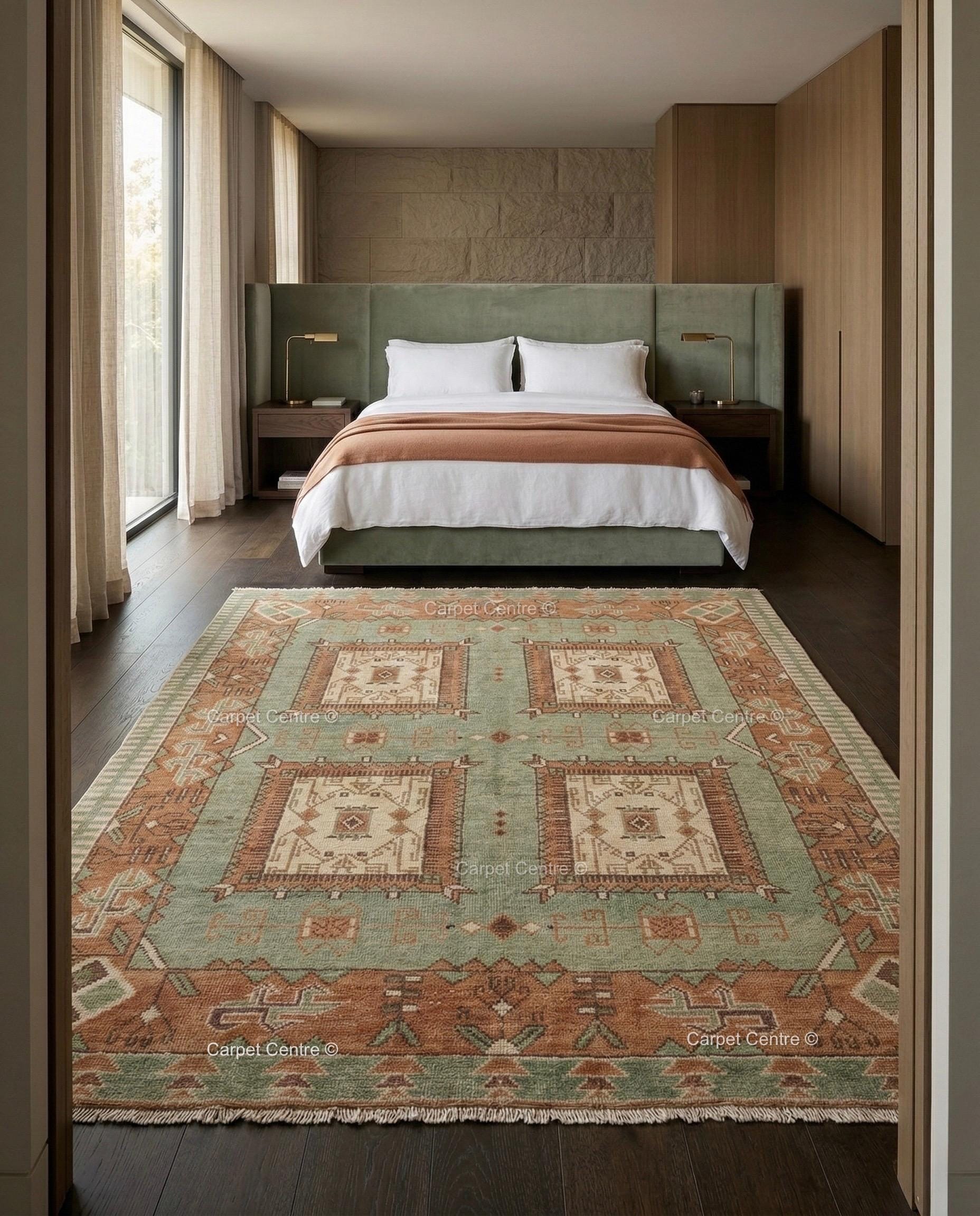 Sage Green Oushak Hand Knotted Wool Rug, Southwestern Geometric Medallion Area Rug