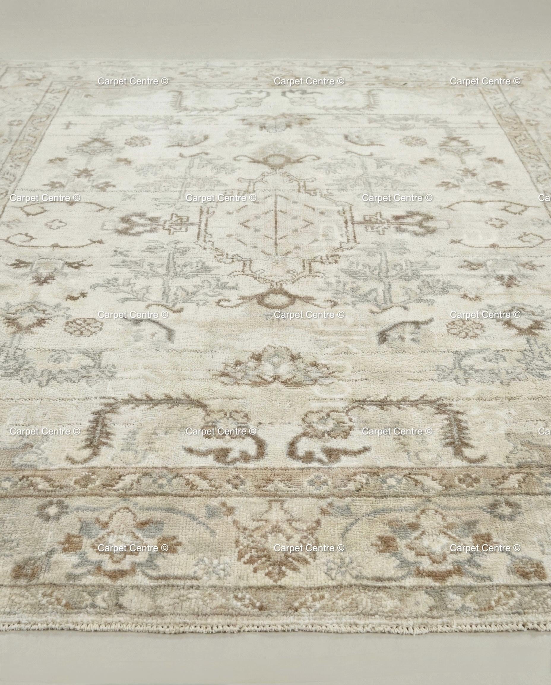 Neutral Beige Oushak Rug, Muted Cream & Taupe Medallion, Hand Knotted Wool Area Rug, Vintage Distressed Look, Modern Farmhouse Decor