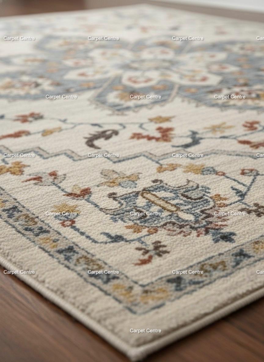 Hand-Knotted Wool Oushak Rug, Beige & Blue Medallion, Persian Style