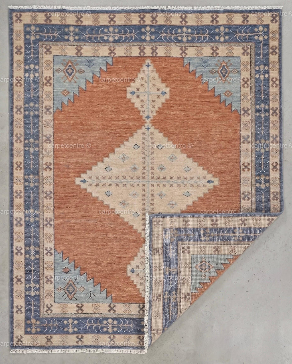 Hand Knotted Oushak Rug | Rust Orange, Blue Tribal Geometric Wool Carpet