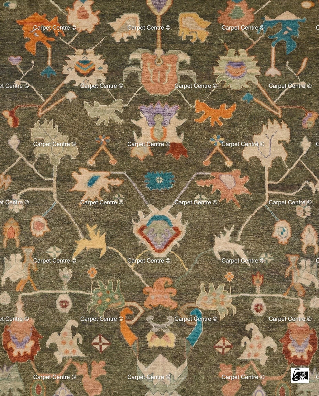 Hand-Knotted Wool Oushak Rug, Moss Green, Tribal Geometric Design