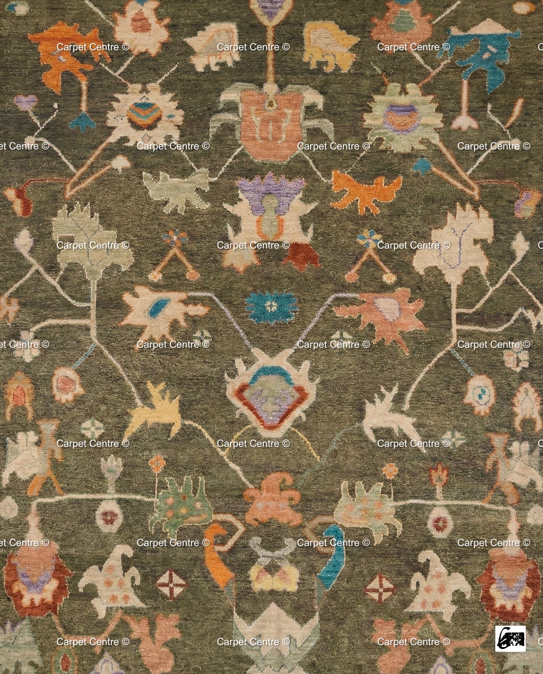Hand-Knotted Wool Oushak Rug, Moss Green, Tribal Geometric Design