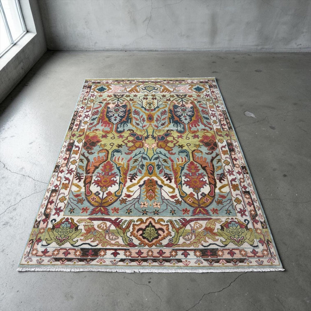 Hand Knotted Oushak Rug, Chinoiserie Botanical Wool Area Rug, Turkish Floral Carpet