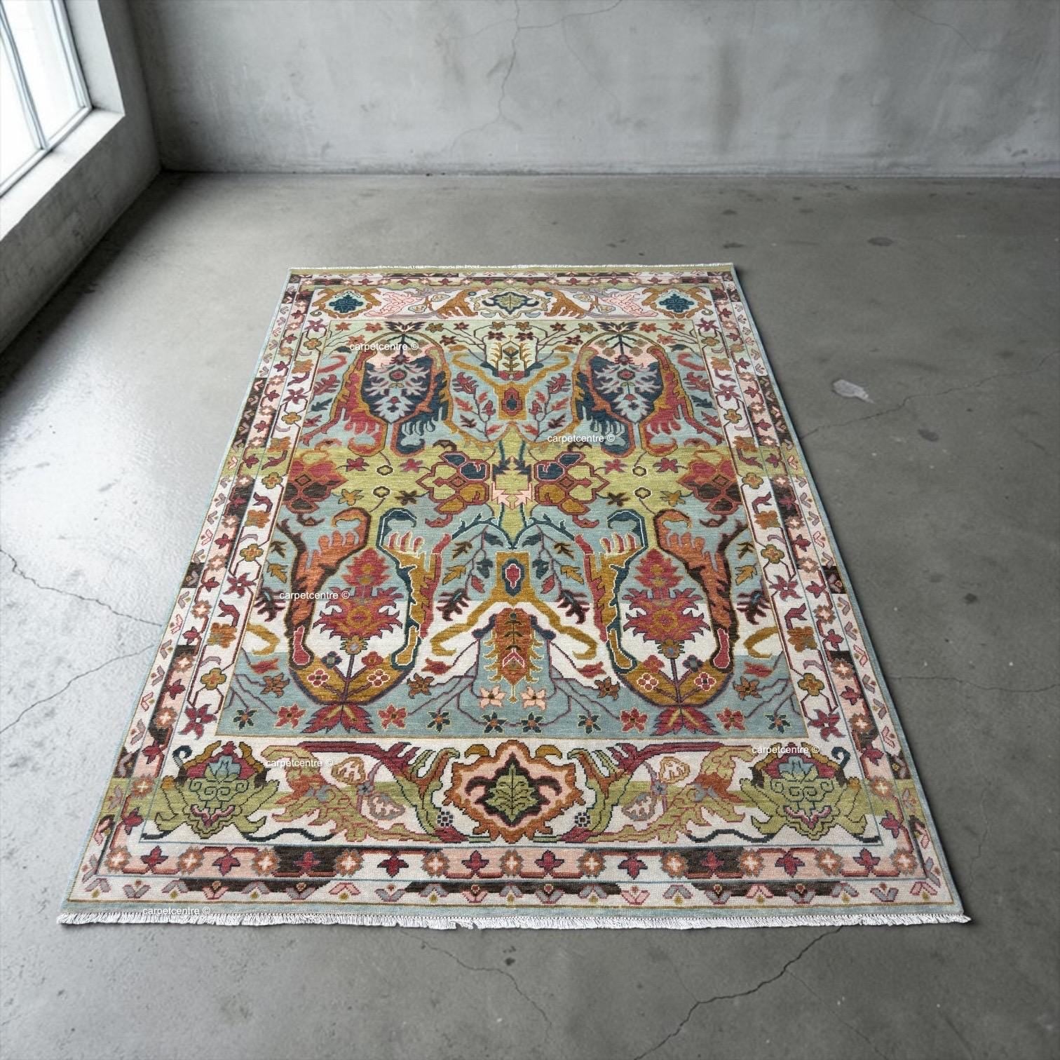Hand Knotted Oushak Rug, Chinoiserie Botanical Wool Area Rug, Turkish Floral Carpet