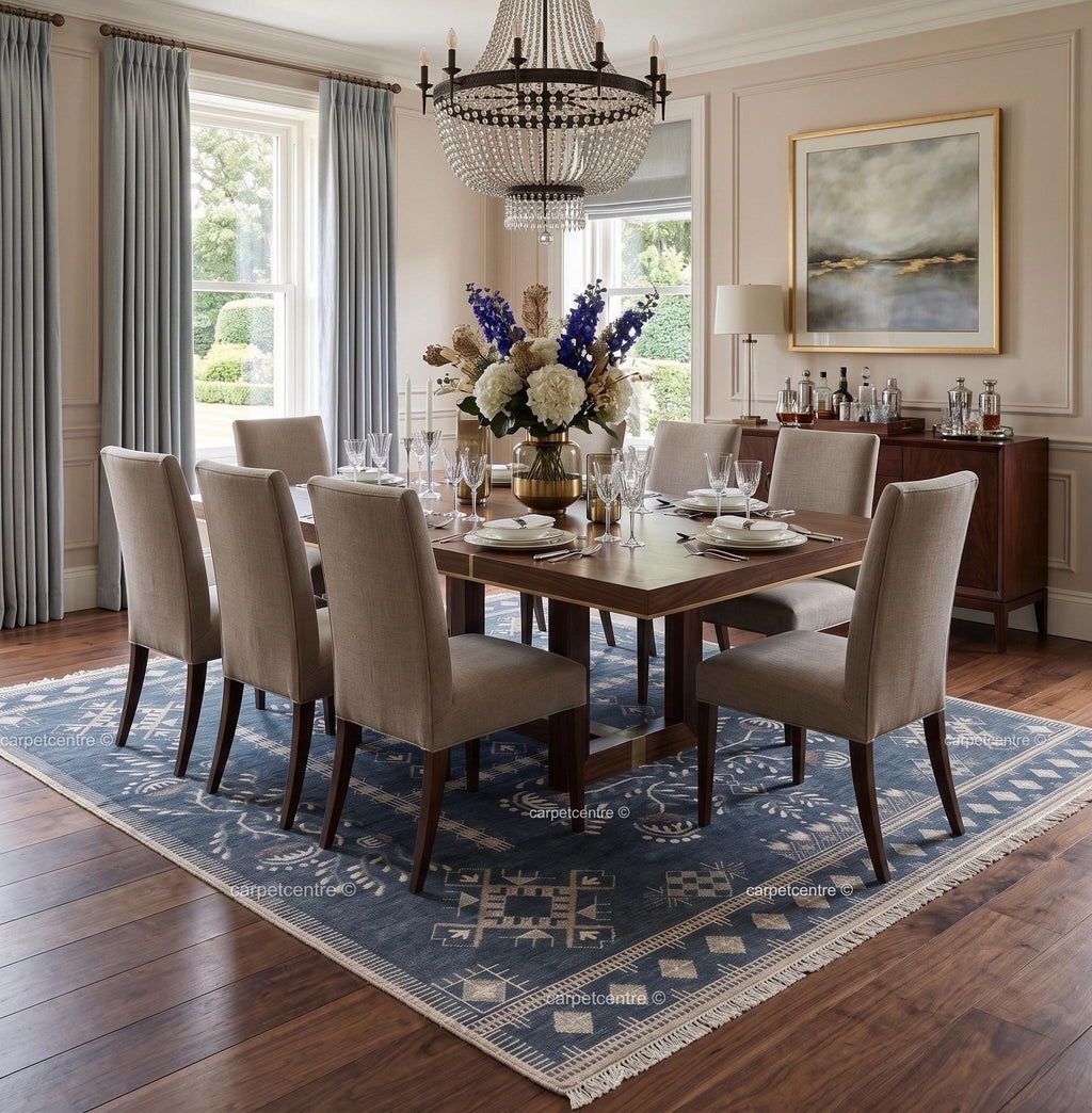 Hand Knotted Wool Oushak Rug, Navy Blue Tribal Floral Area Rug