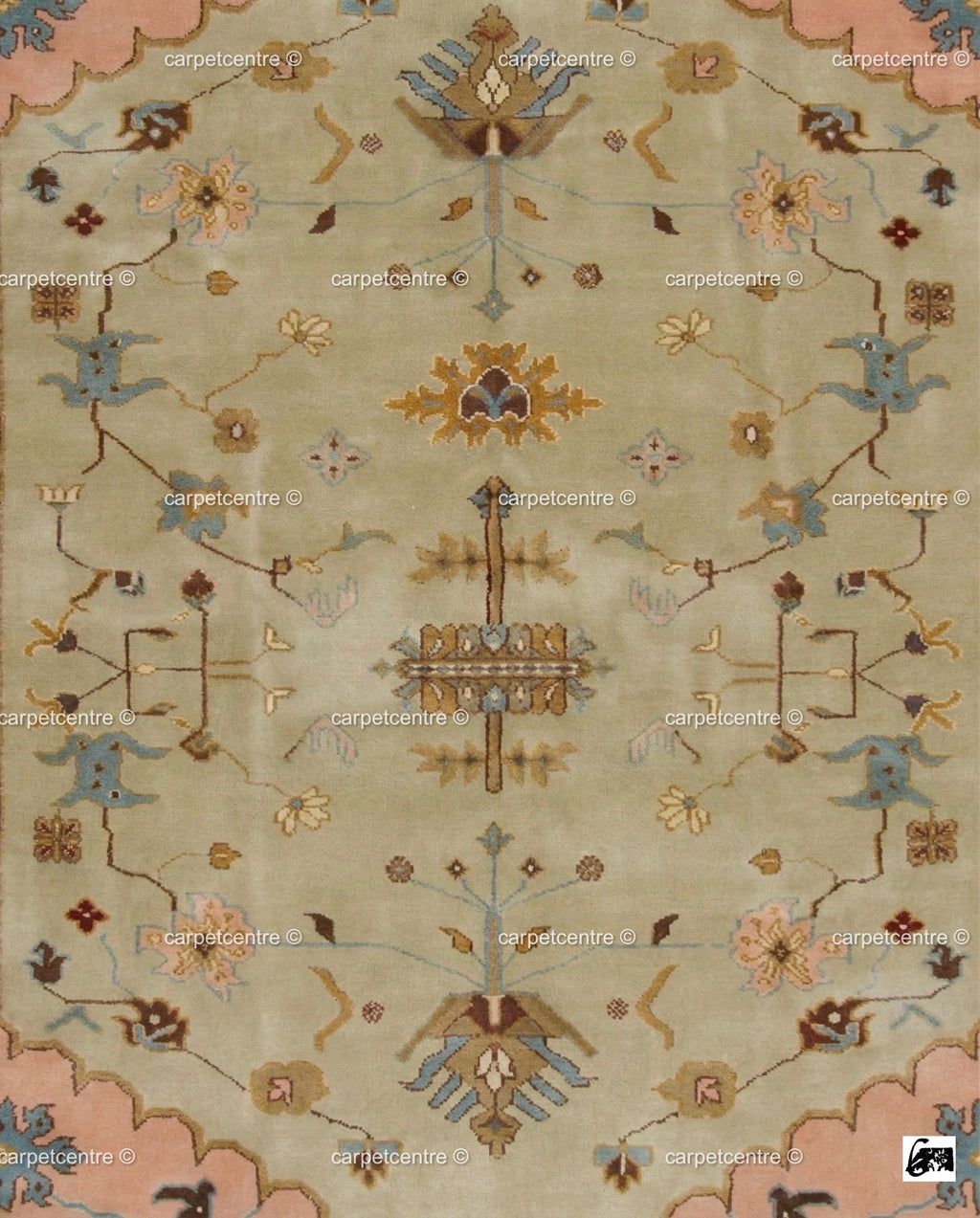 Sage Green Oushak Rug, Muted Peach Floral Geometric Carpet, Boho Nursery Bedroom Decor
