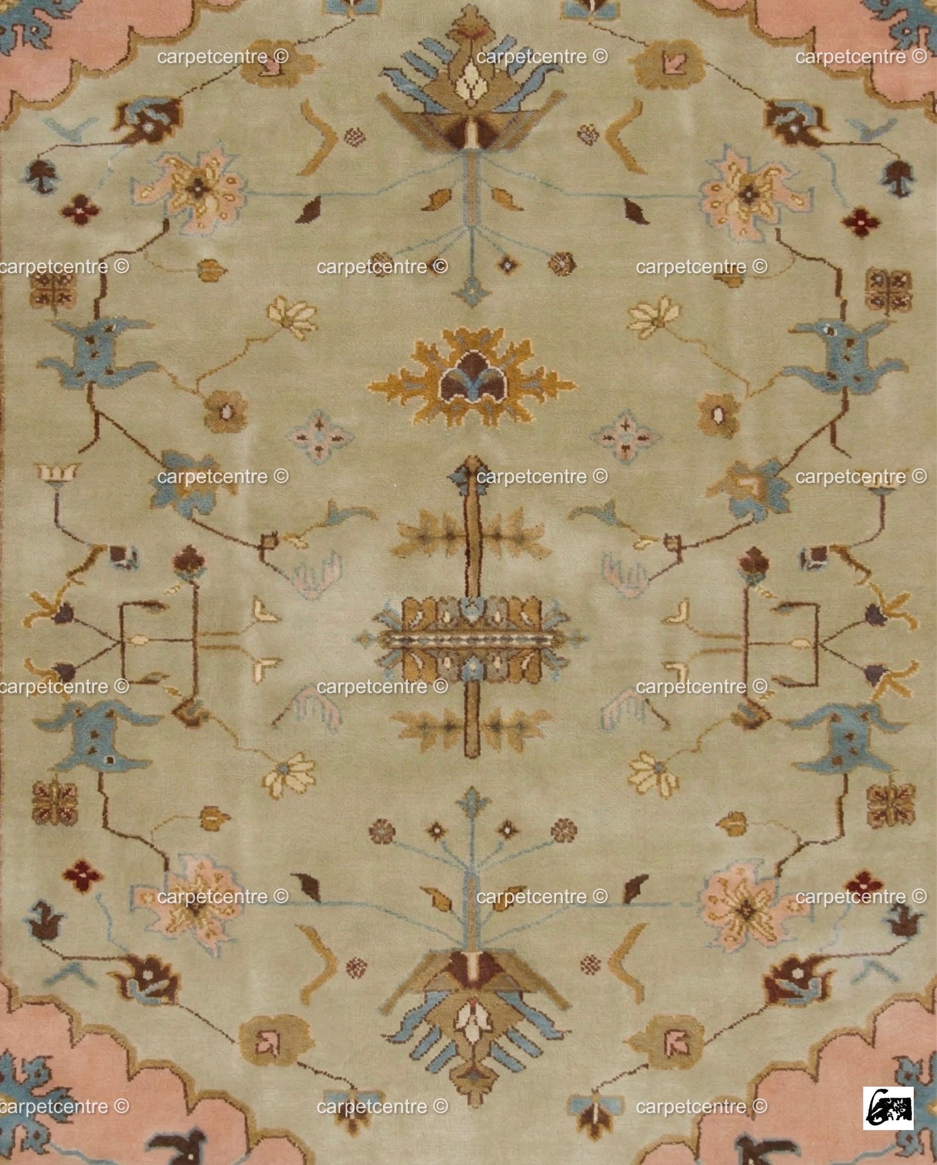 Sage Green Oushak Rug, Muted Peach Floral Geometric Carpet, Boho Nursery Bedroom Decor