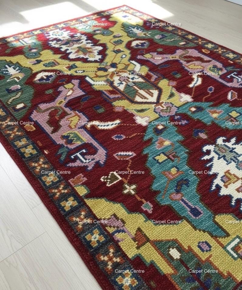 Red Oushak Rug, Hand-Knotted Wool, Geometric Kilim Design