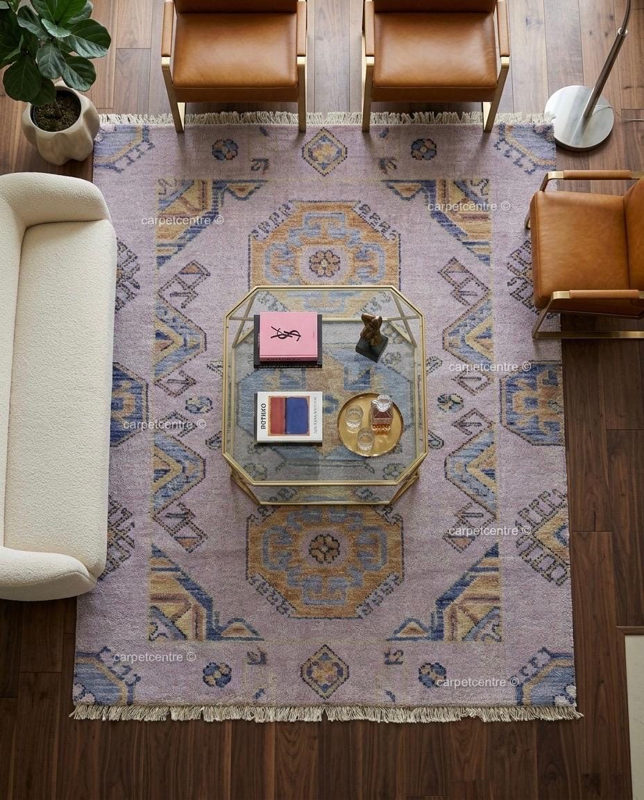 Lavender Oushak Rug, Muted Geometric Turkish Wool Carpet, Boho Bedroom Nursery