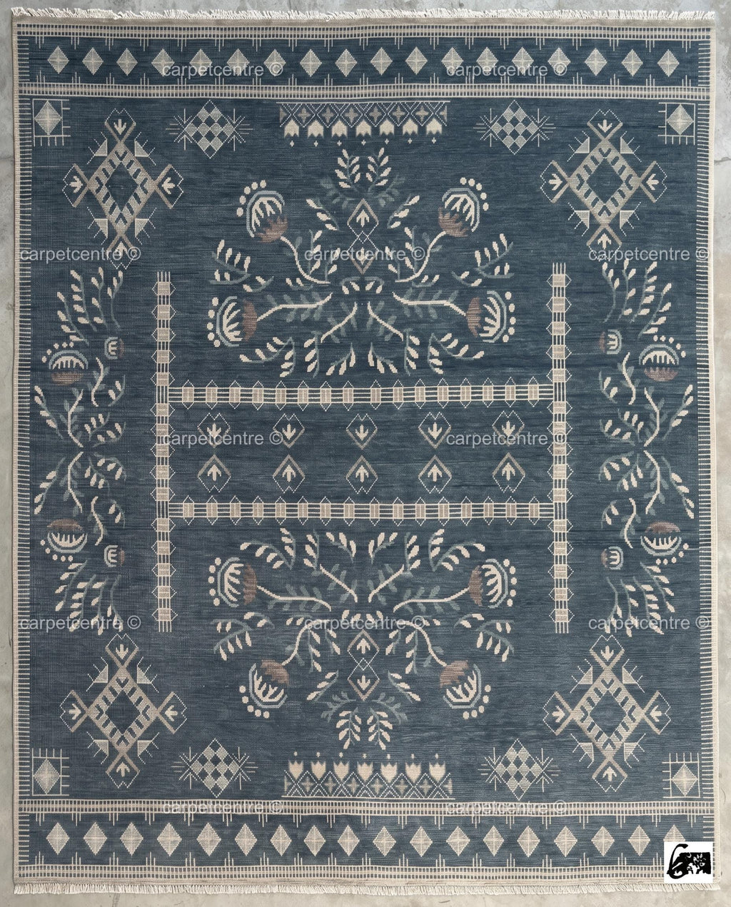 Hand Knotted Wool Oushak Rug, Navy Blue Tribal Floral Area Rug