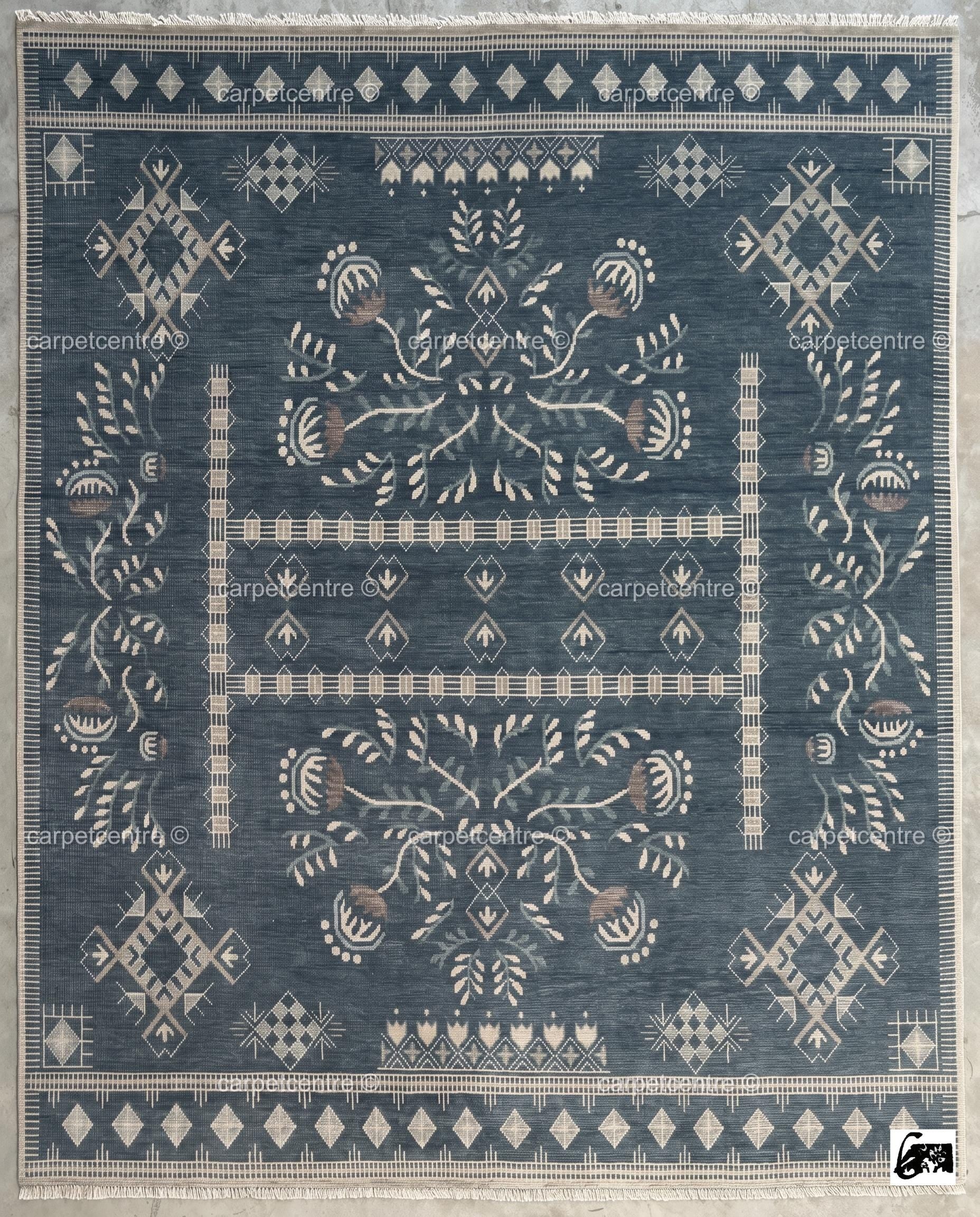 Hand Knotted Wool Oushak Rug, Navy Blue Tribal Floral Area Rug