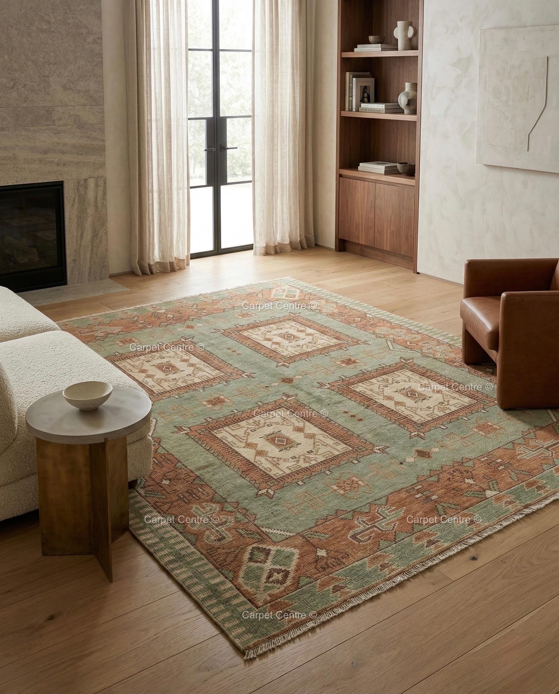 Sage Green Oushak Hand Knotted Wool Rug, Southwestern Geometric Medallion Area Rug
