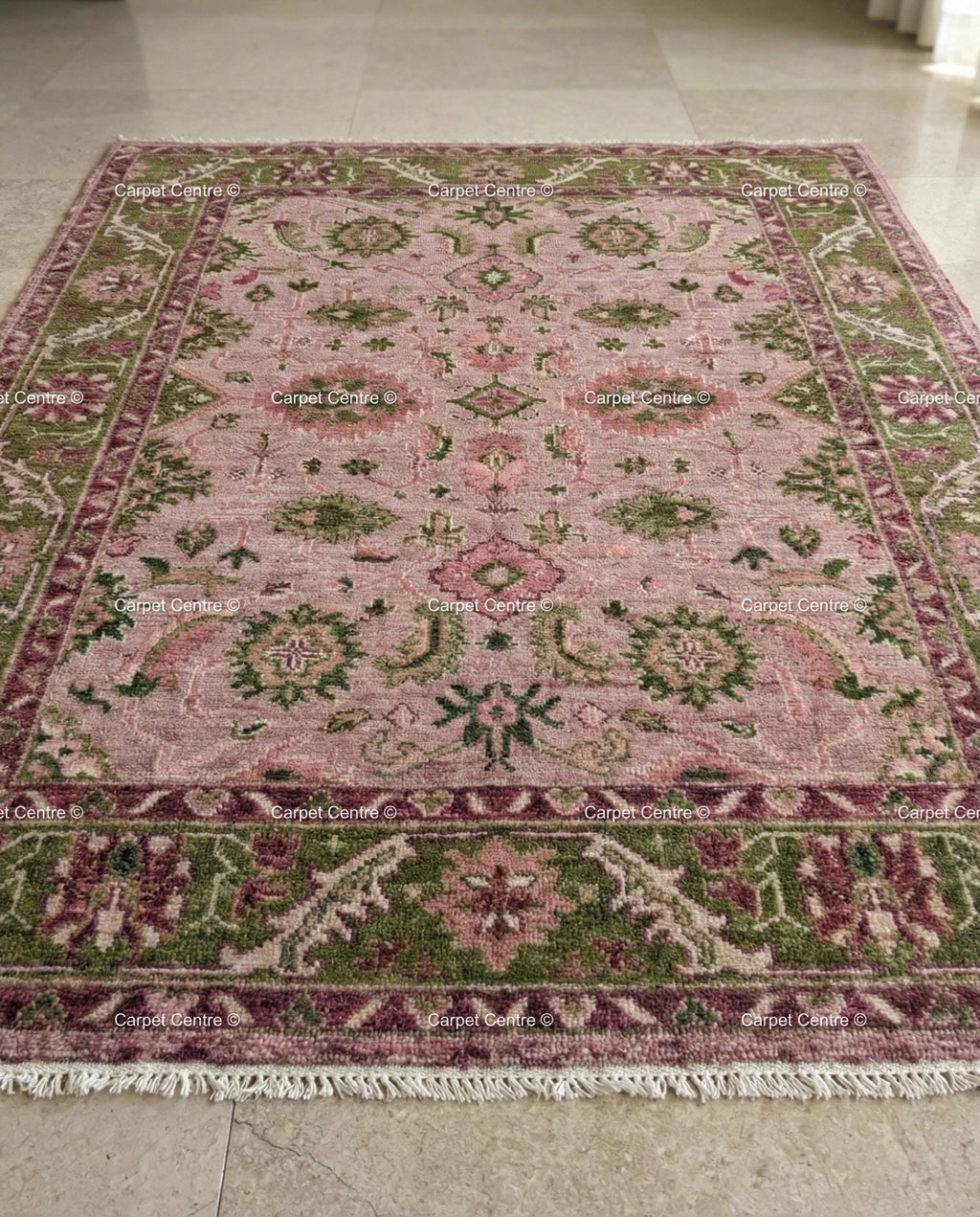 Hand Knotted Wool Oushak Rug – Rose Pink, Green Border, Turkish Floral Design