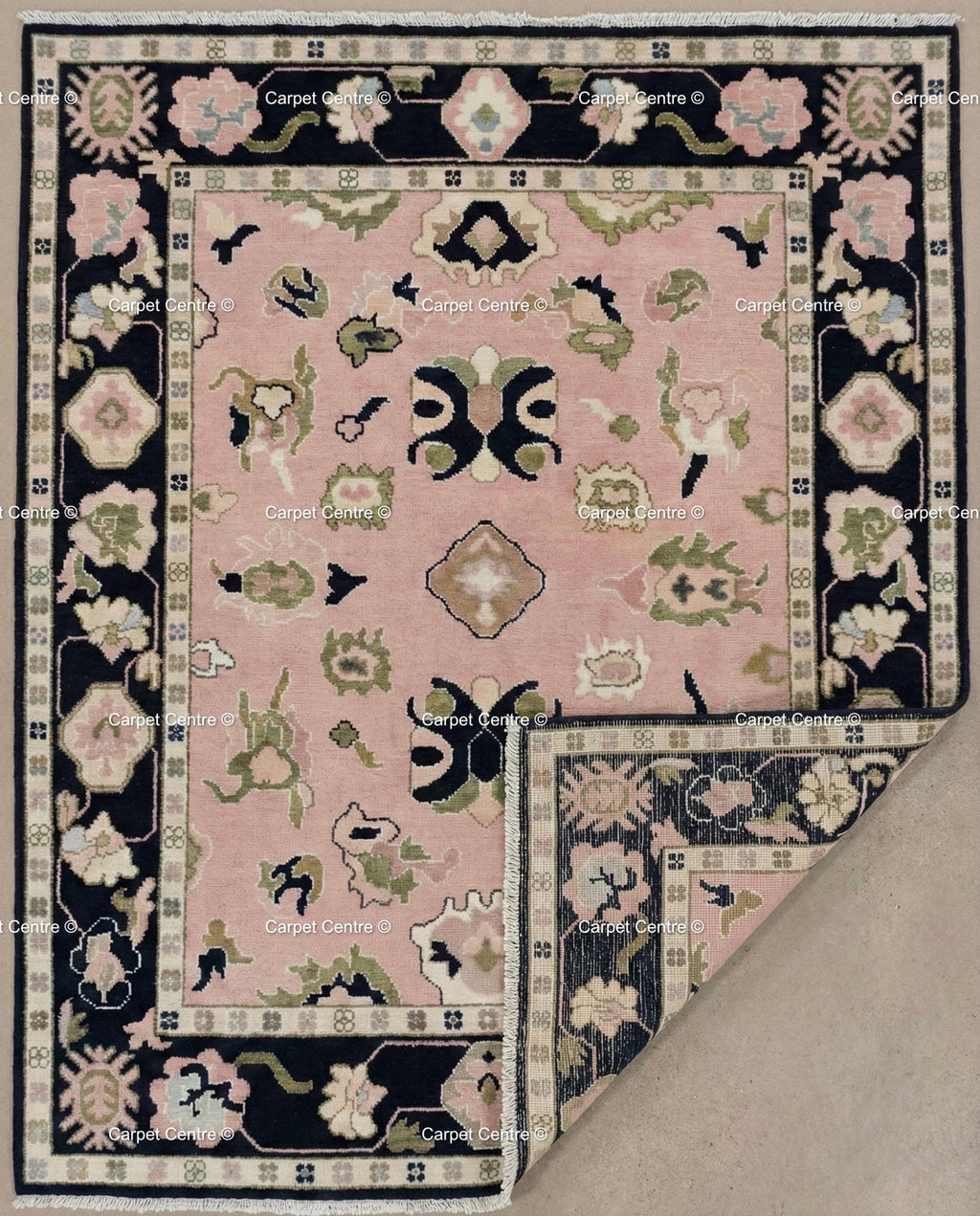 Hand Knotted Wool Oushak Rug, Blush Pink Geometric Floral, Black Border