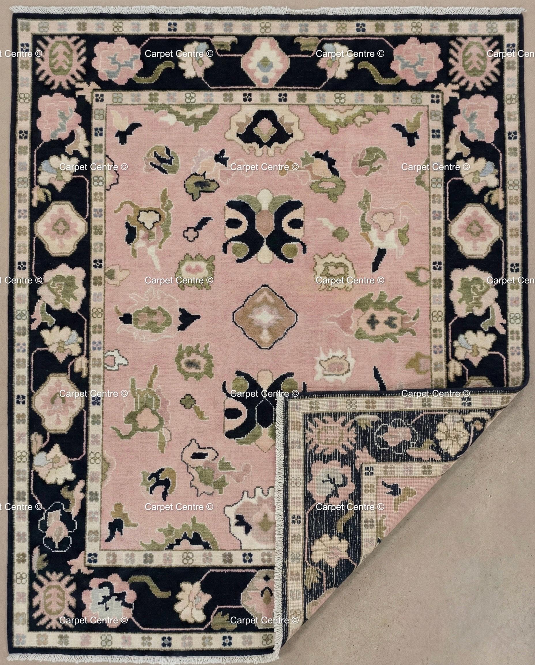 Hand Knotted Wool Oushak Rug, Blush Pink Geometric Floral, Black Border