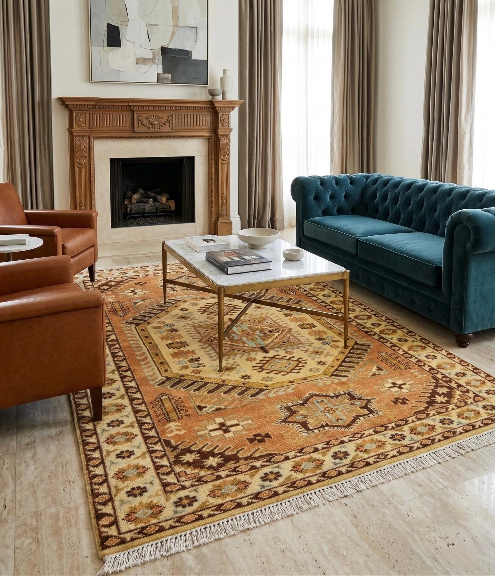 Hand-Knotted Wool Kazak Rug | Tribal Geometric Boho Carpet (7'x5')