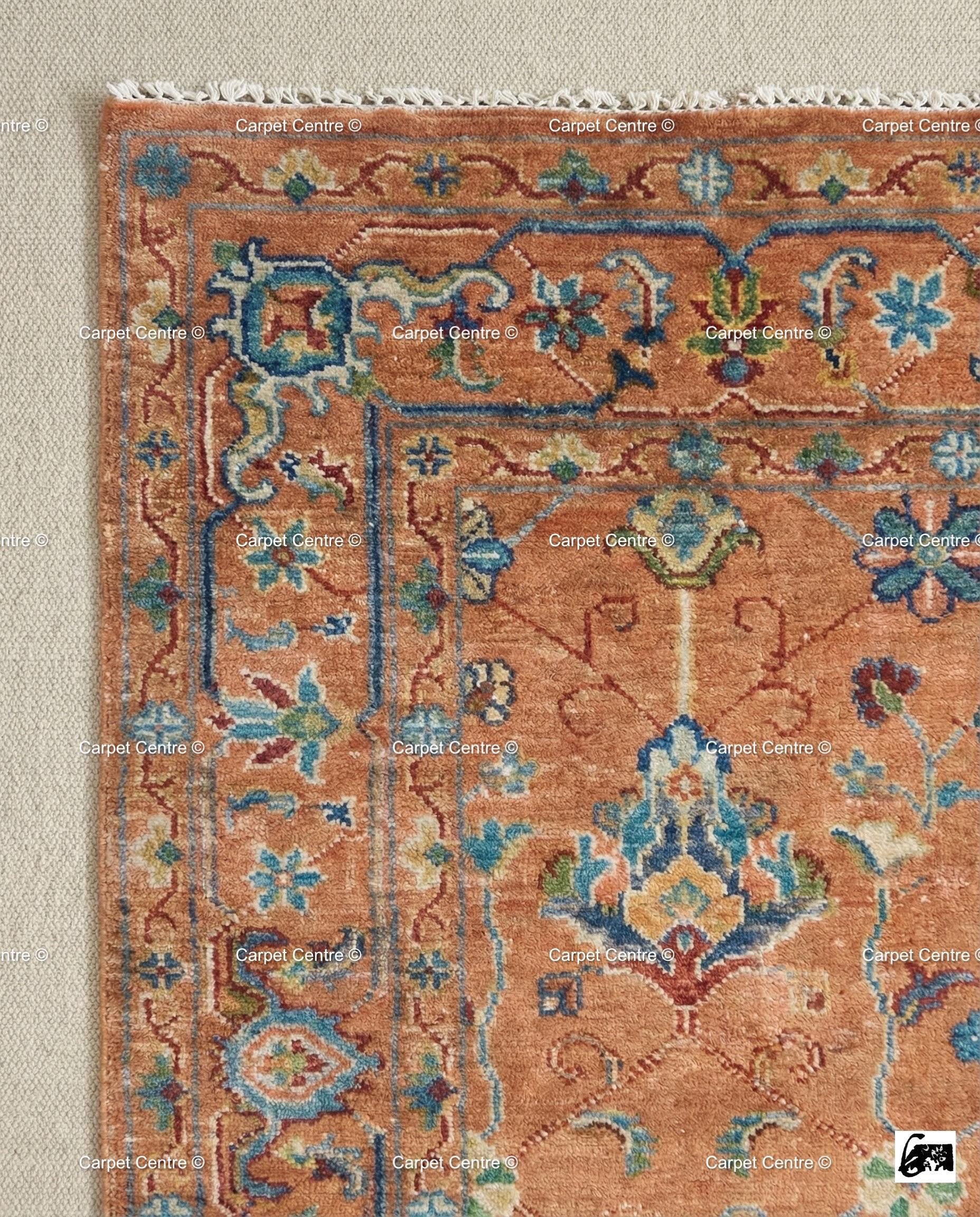 Hand Knotted Oushak Wool Rug, Rust Orange, Blue Floral Mahal