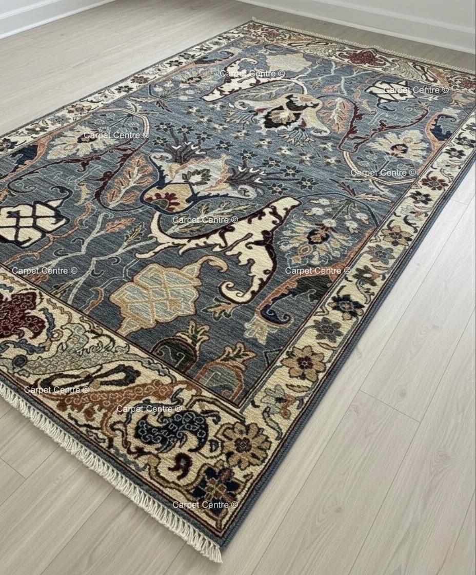 Hand-Knotted Dusty Blue Wool Rug | Traditional Oriental Design