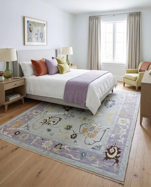 Hand Knotted Oushak Rug: Lavender Border, New Zealand Wool Carpet