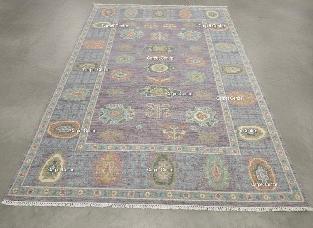 Hand-Knotted Oushak Wool Rug: Lilac Purple Folk Art Medallion