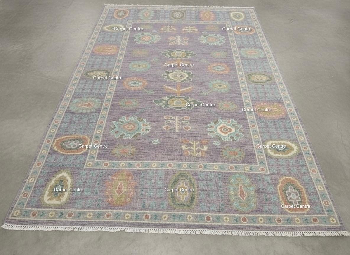 Hand-Knotted Oushak Wool Rug: Lilac Purple Folk Art Medallion
