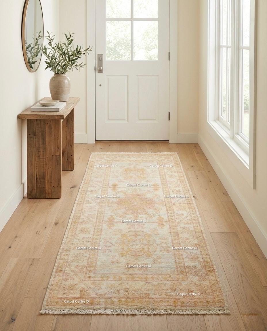 Custom Hand-Knotted Oushak Wool Runner Rug, Pink & Beige, 4x7 Foot ( Without Fringe )