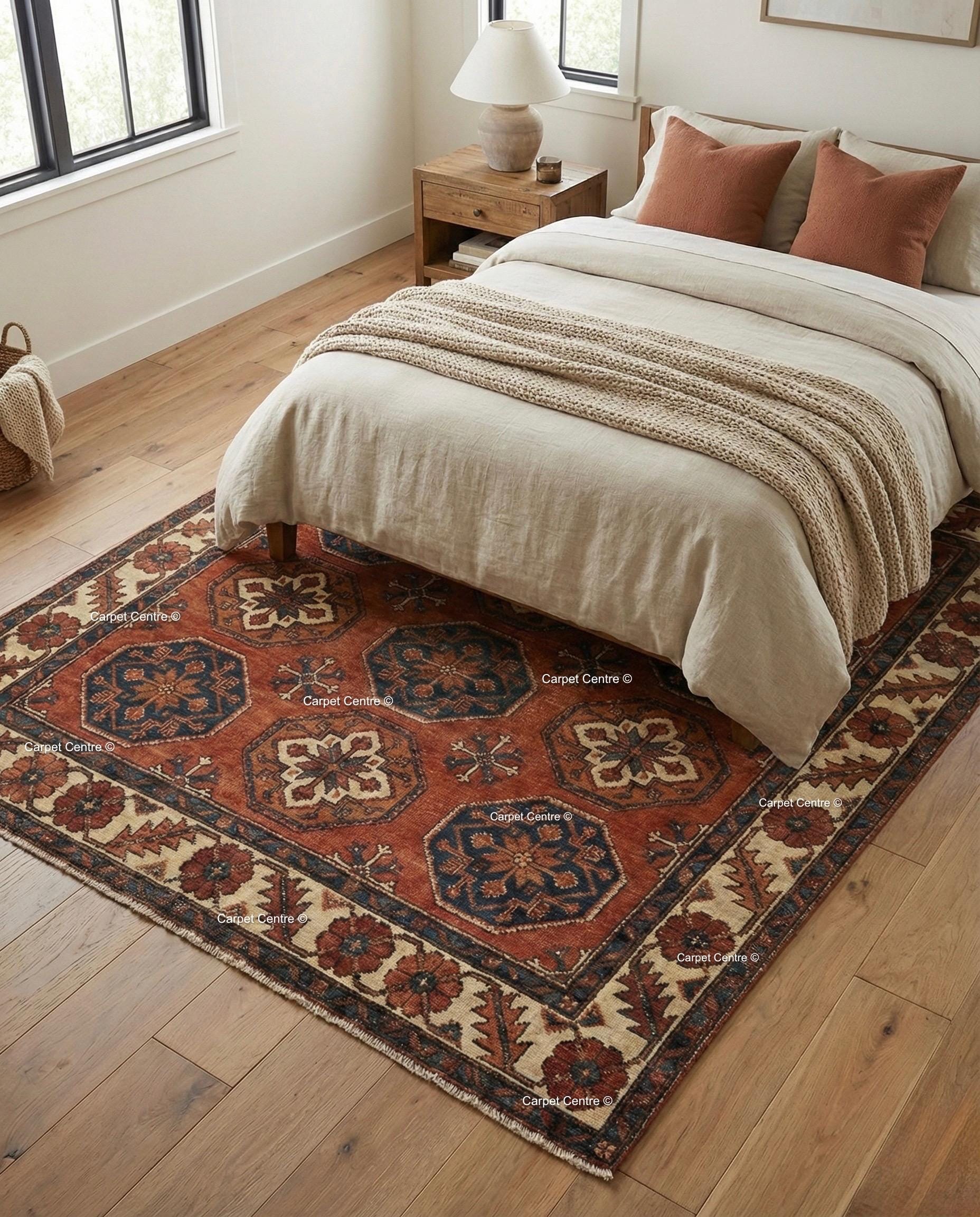 Hand Knotted Wool Oushak Rug, Terracotta Rust & Navy Geometric Carpet
